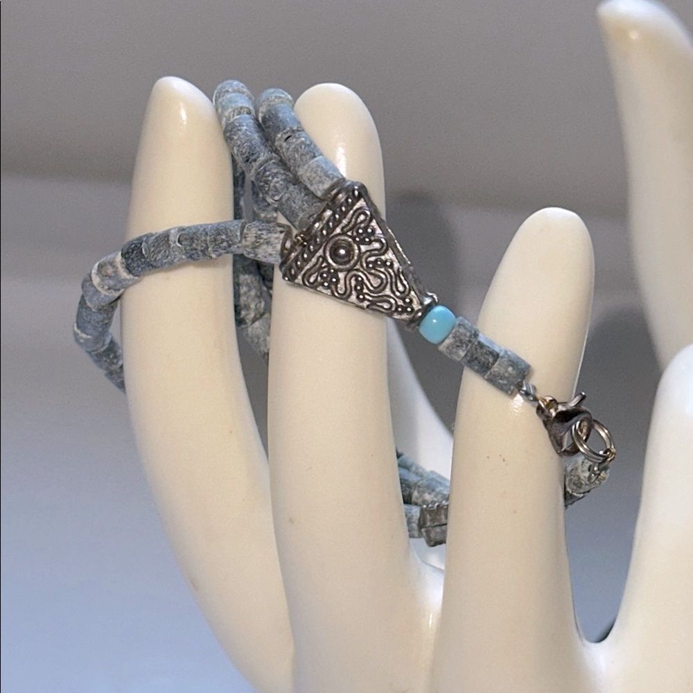Three strand gray stone & silver‎ beaded bracelet with turquoise bead accents